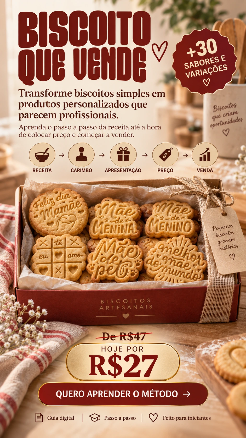 Biscoito que vende. Transforme biscoitos simples em produtos personalizados que parecem profissionais. Aprenda o passo a passo da receita até a hora de colocar preço e começar a vender. Guia digital Passo a passo Feito para iniciantes