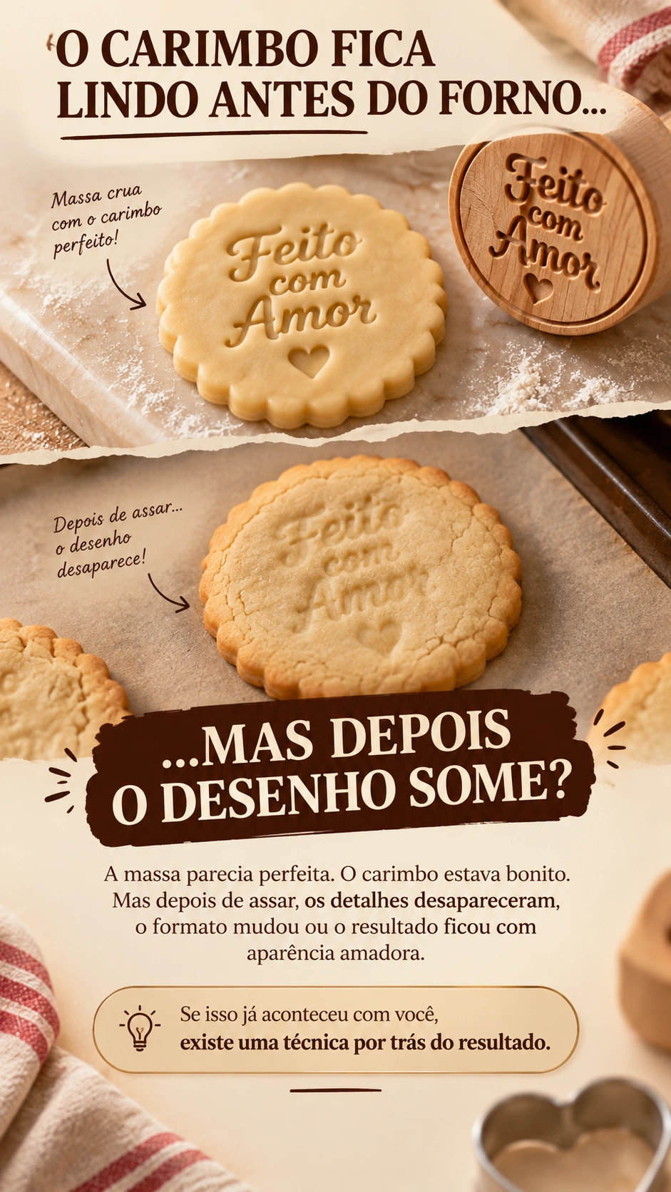 O carimbo fica lindo antes do forno… …mas depois o desenho some? A massa parecia perfeita. O carimbo estava bonito. Mas depois de assar, os detalhes desapareceram, o formato mudou ou o resultado ficou com aparência amadora. Se isso já aconteceu com você, existe uma técnica por trás do resultado.