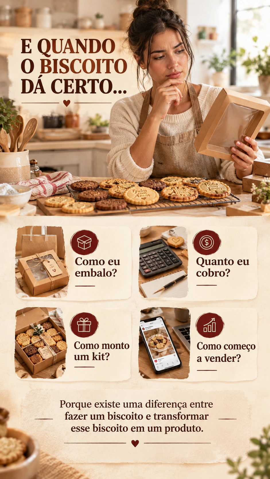 E quando o biscoito dá certo… Porque existe uma diferença entre fazer um biscoito e transformar esse biscoito em um produto. Como eu embalo? Quanto eu cobro? Como monto um kit? Como começo a vender?