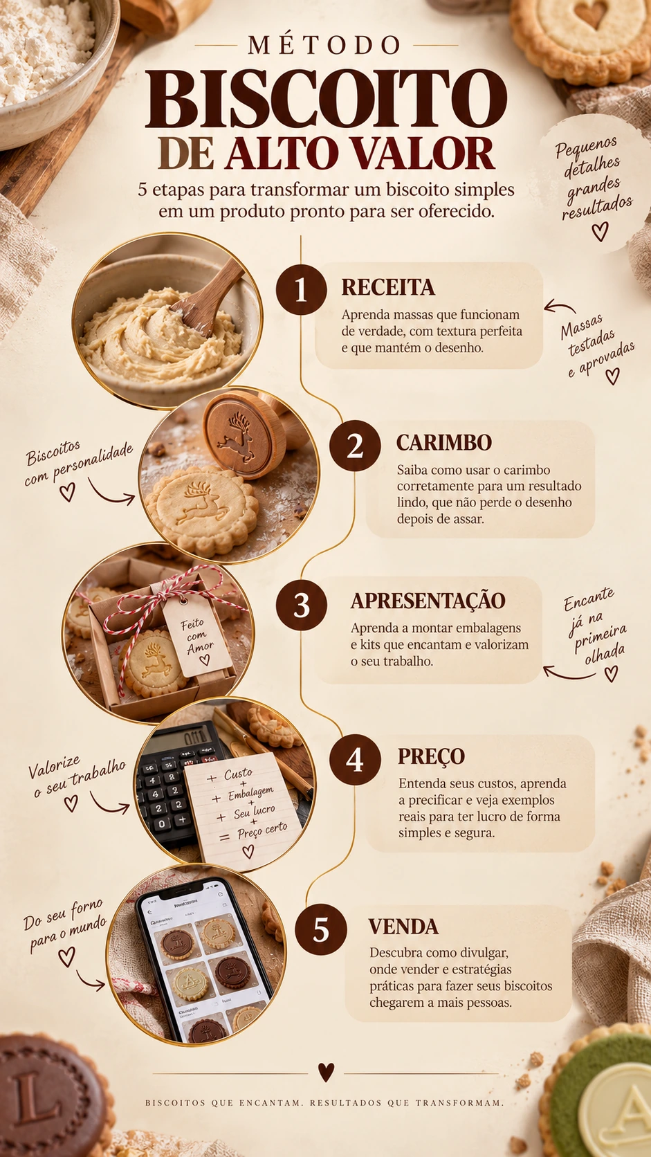 Cinco etapas. Um caminho para começar. 5 etapas para transformar um biscoito simples em um produto pronto para ser oferecido. Receita Carimbo Apresentação Preço Venda