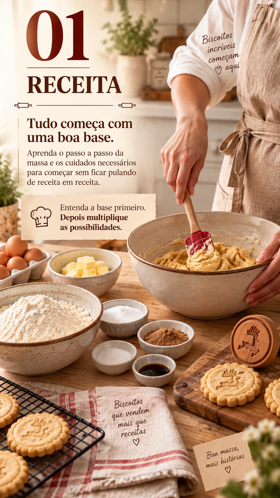 Tudo começa com uma boa base. Aprenda o passo a passo da massa e os cuidados necessários para começar sem ficar pulando de receita em receita. Entenda a base primeiro. Depois multiplique as possibilidades.