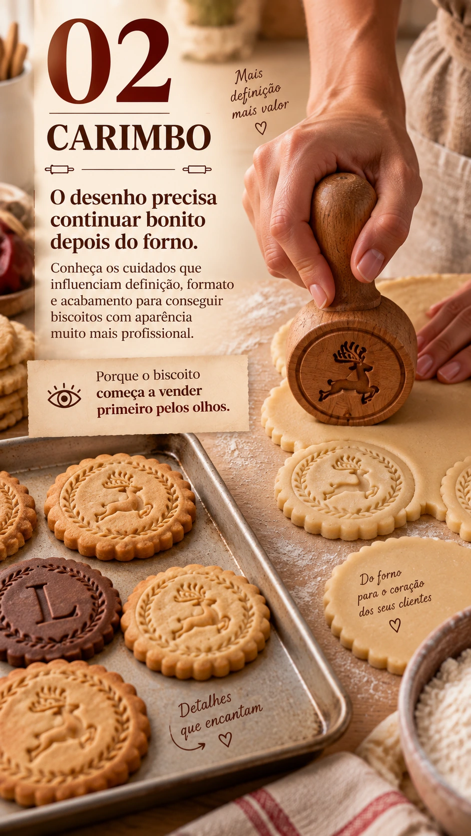 O desenho precisa continuar bonito depois do forno. Conheça os cuidados que influenciam definição, formato e acabamento para conseguir biscoitos com aparência muito mais profissional. Porque o biscoito começa a vender primeiro pelos olhos.