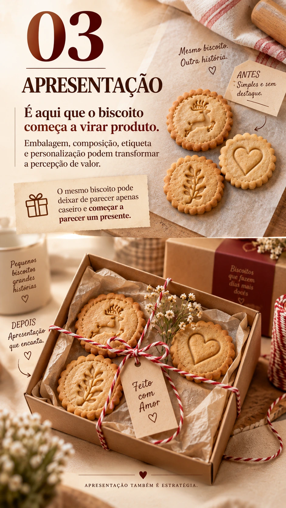 É aqui que o biscoito começa a virar produto. Embalagem, composição, etiqueta e personalização podem transformar a percepção de valor. O mesmo biscoito pode deixar de parecer apenas caseiro e começar a parecer um presente.
