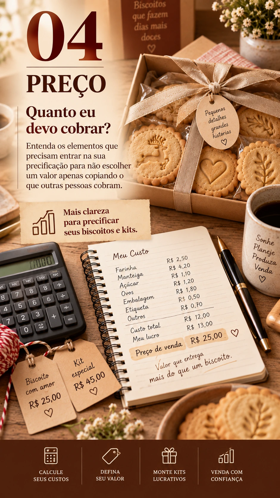 Quanto eu devo cobrar? Entenda os elementos que precisam entrar na sua precificação para não escolher um valor apenas copiando o que outras pessoas cobram. Mais clareza para precificar seus biscoitos e kits.