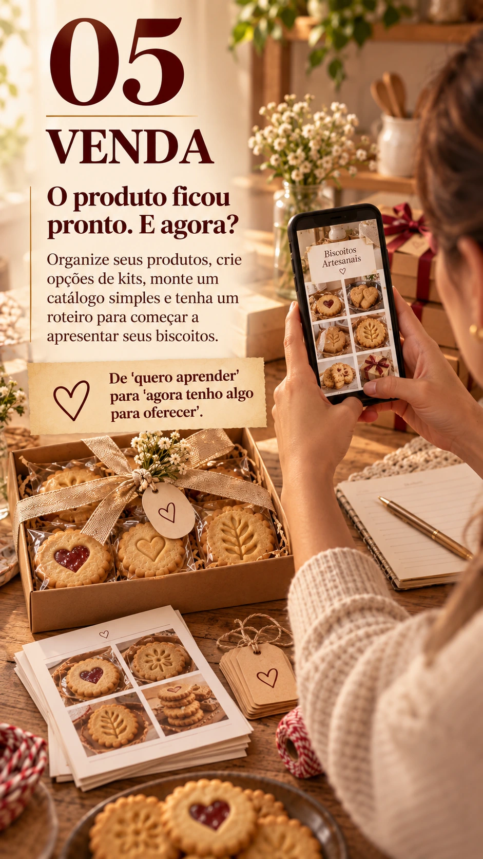05 VENDA O produto ficou pronto. E agora? Organize seus produtos, crie opções de kits, monte um catálogo simples e tenha um roteiro para começar a apresentar seus biscoitos. De 'quero aprender' para 'agora tenho algo para oferecer'.