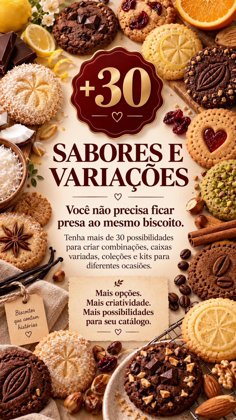 +30 SABORES E VARIAÇÕES Você não precisa ficar presa ao mesmo biscoito. Tenha mais de 30 possibilidades para criar combinações, caixas variadas, coleções e kits para diferentes ocasiões. Mais opções. Mais criatividade. Mais possibilidades para seu catálogo.