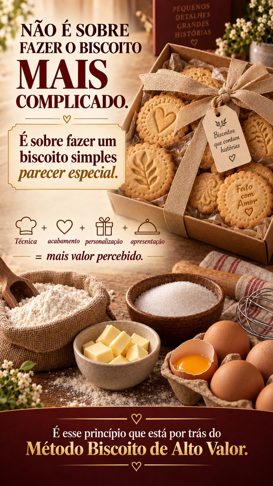 NÃO É SOBRE FAZER O BISCOITO MAIS COMPLICADO. É sobre fazer um biscoito simples parecer especial. Técnica + acabamento + personalização + apresentação = mais valor percebido. É esse princípio que está por trás do Método Biscoito de Alto Valor.