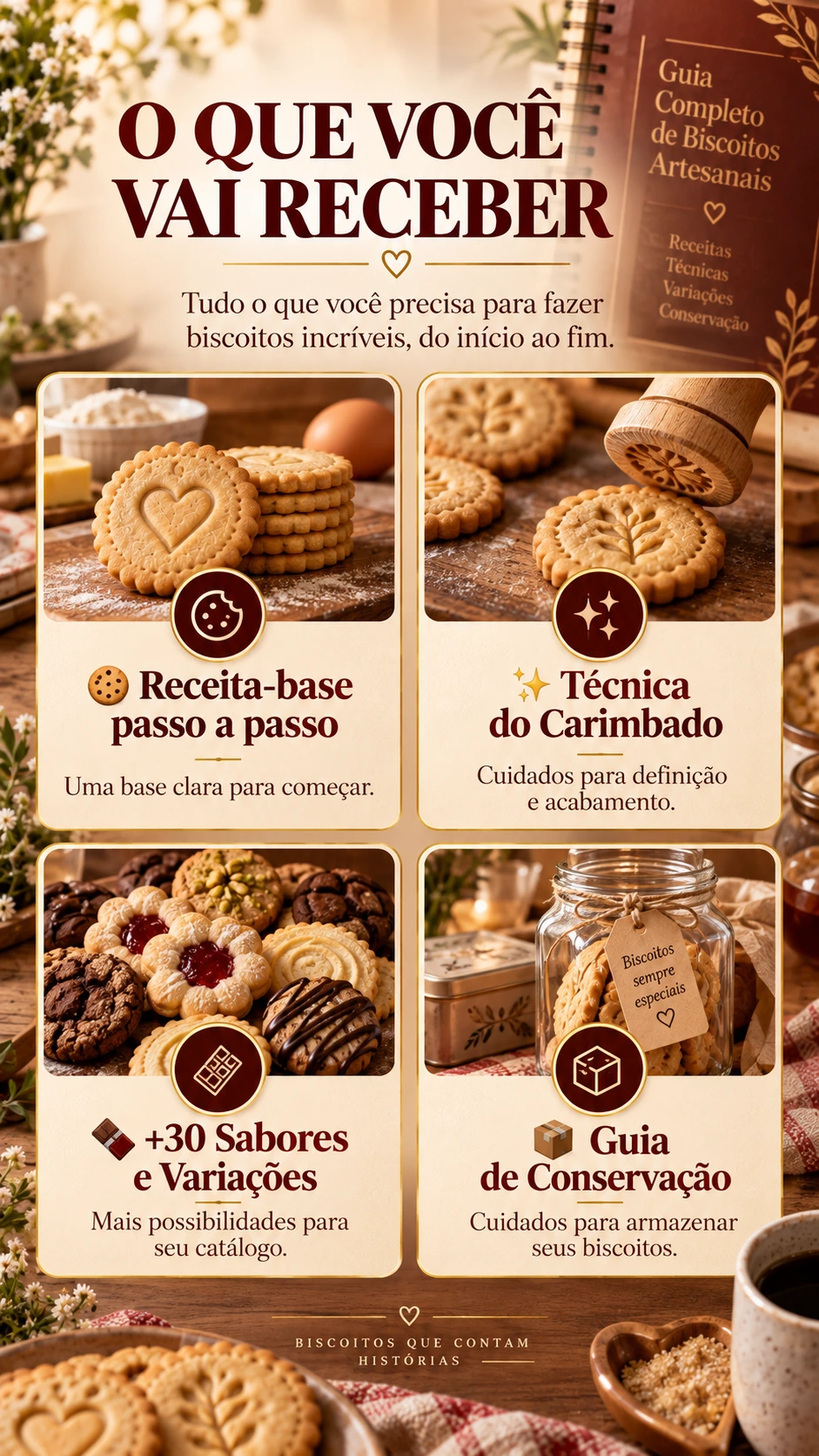 O QUE VOCÊ VAI RECEBER 🍪 Receita-base passo a passo Uma base clara para começar. ✨ Técnica do Carimbado Cuidados para definição e acabamento. 🍫 +30 Sabores e Variações Mais possibilidades para seu catálogo. 📦 Guia de Conservação Cuidados para armazenar seus biscoitos.