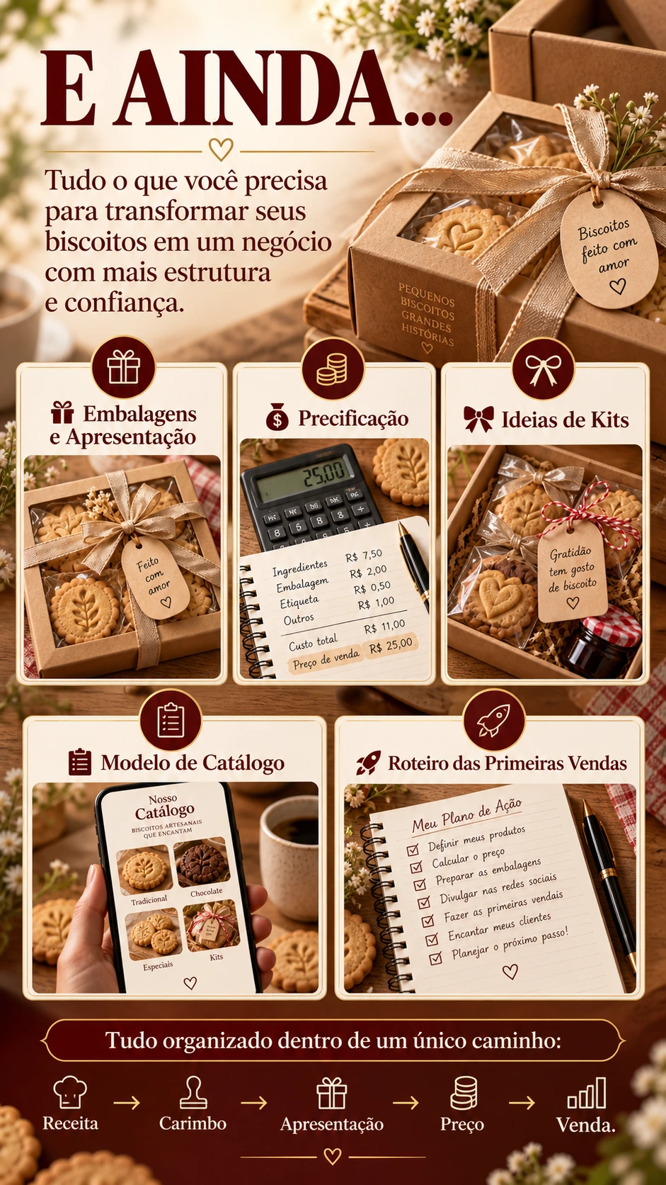 E AINDA... 🎁 Embalagens e Apresentação 💰 Precificação 🎀 Ideias de Kits 📋 Modelo de Catálogo 🚀 Roteiro das Primeiras Vendas Tudo organizado dentro de um único caminho: Receita → Carimbo → Apresentação → Preço → Venda.
