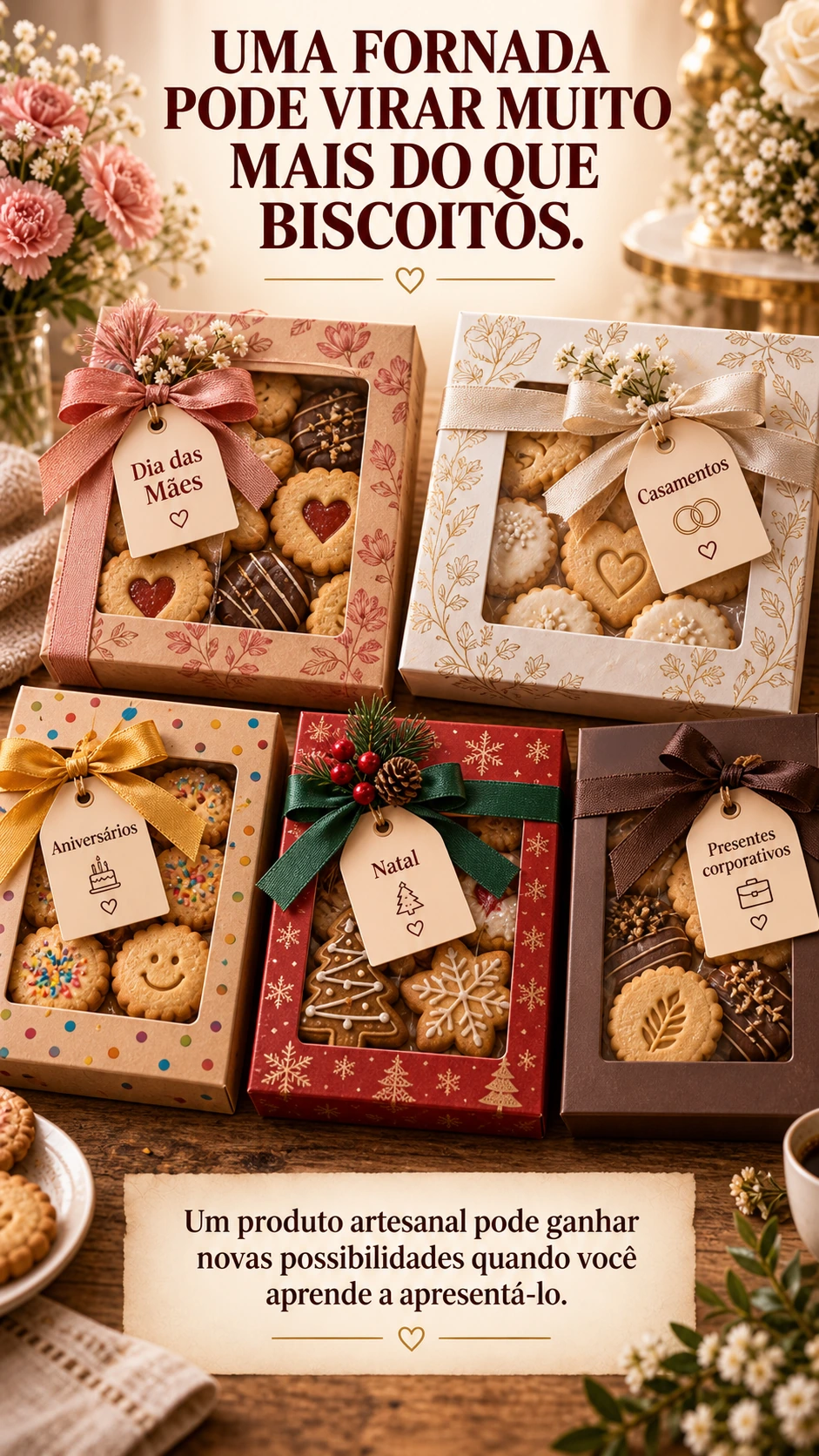 UMA FORNADA PODE VIRAR MUITO MAIS DO QUE BISCOITOS. Dia das Mães Casamentos Aniversários Natal Presentes corporativos Um produto artesanal pode ganhar novas possibilidades quando você aprende a apresentá-lo.