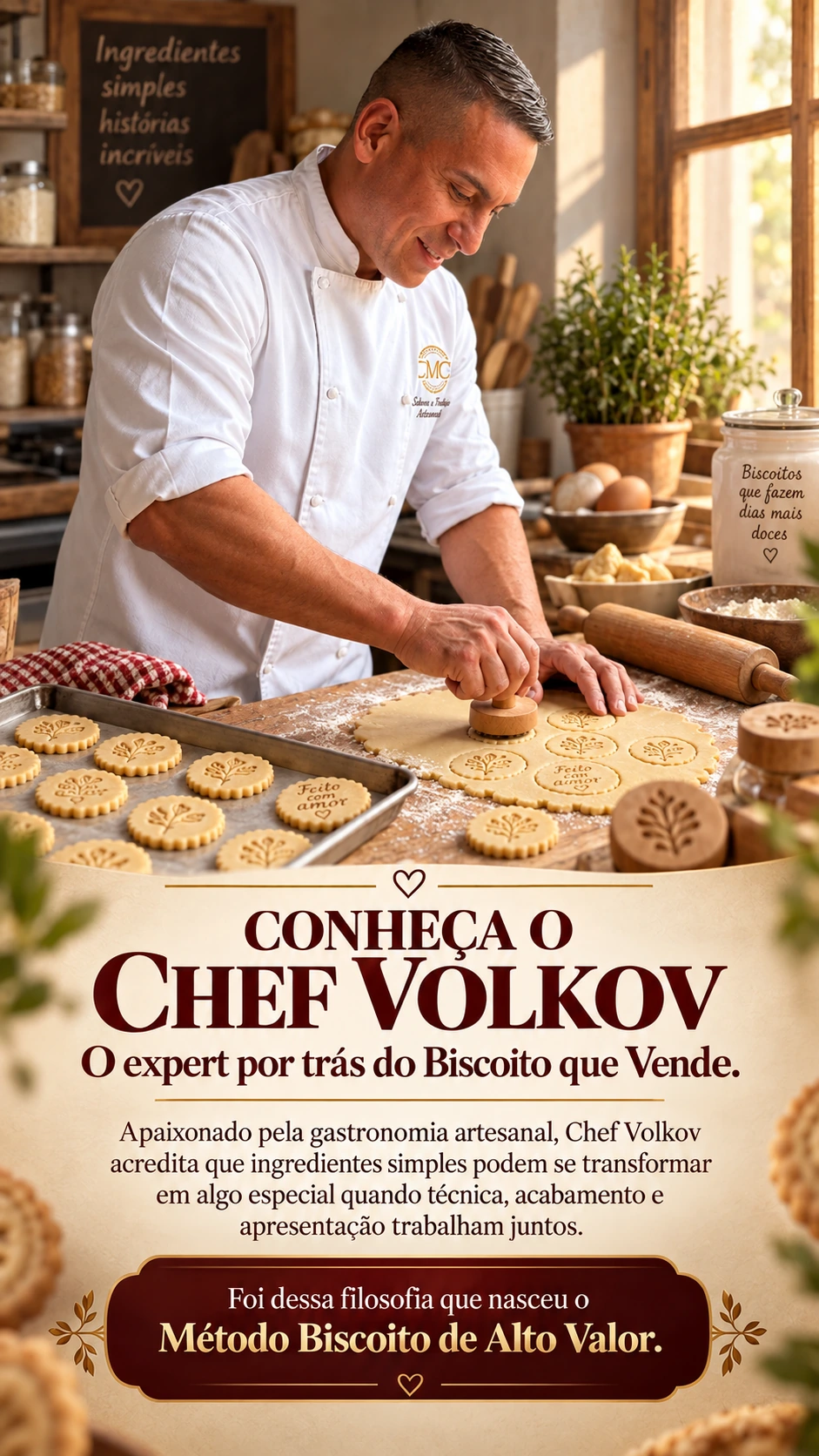 CONHEÇA O CHEF VOLKOV O expert por trás do Biscoito que Vende. Apaixonado pela gastronomia artesanal, Chef Volkov acredita que ingredientes simples podem se transformar em algo especial quando técnica, acabamento e apresentação trabalham juntos. Foi dessa filosofia que nasceu o Método Biscoito de Alto Valor.