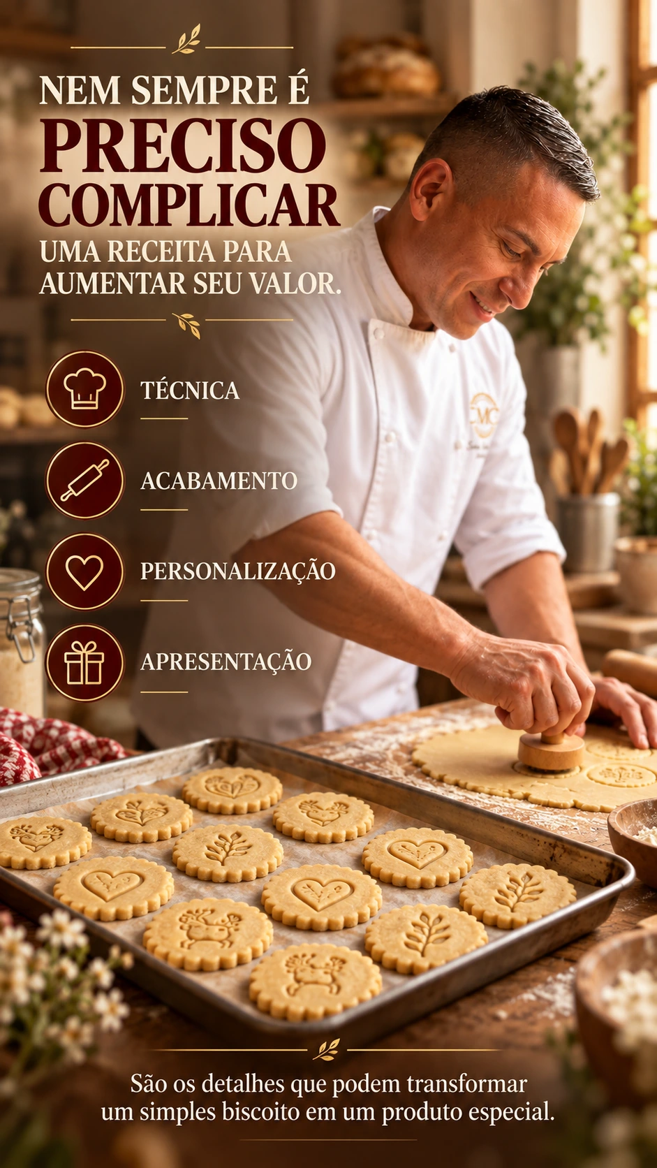 NEM SEMPRE É PRECISO COMPLICAR UMA RECEITA PARA AUMENTAR SEU VALOR. TÉCNICA ACABAMENTO PERSONALIZAÇÃO APRESENTAÇÃO São os detalhes que podem transformar um simples biscoito em um produto especial.