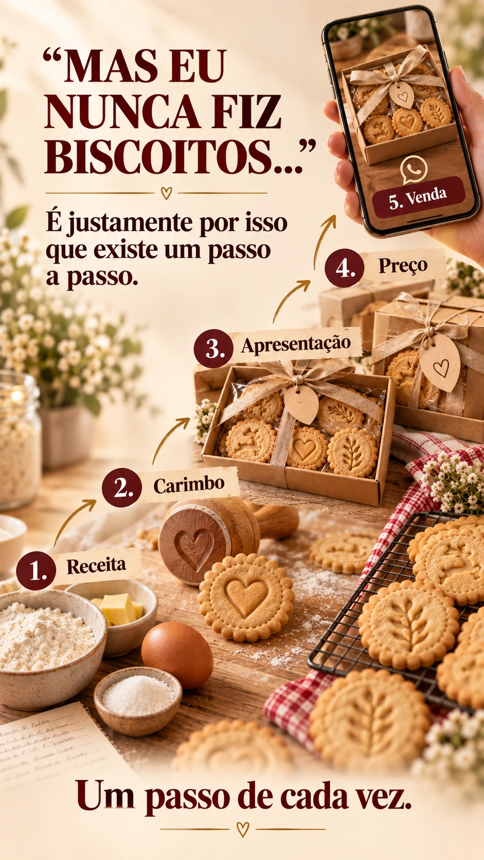 “MAS EU NUNCA FIZ BISCOITOS...” É justamente por isso que existe um passo a passo. 1. Receita 2. Carimbo 3. Apresentação 4. Preço 5. Venda Um passo de cada vez.