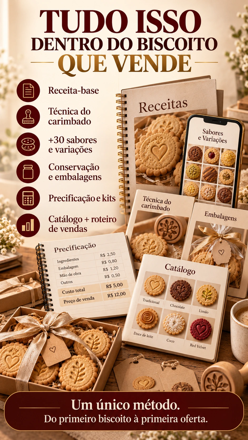 TUDO ISSO DENTRO DO BISCOITO QUE VENDE Receita-base Técnica do carimbado +30 sabores e variações Conservação e embalagens Precificação e kits Catálogo + roteiro de vendas Um único método. Do primeiro biscoito à primeira oferta.