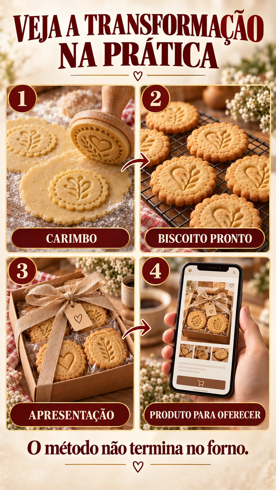 VEJA A TRANSFORMAÇÃO NA PRÁTICA CARIMBO BISCOITO PRONTO APRESENTAÇÃO PRODUTO PARA OFERECER O método não termina no forno.