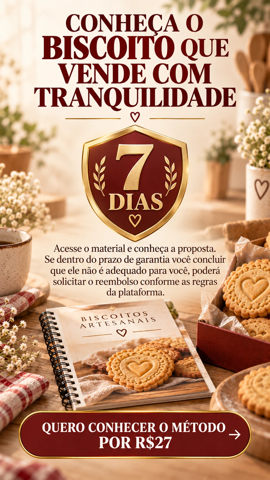 7 DIAS CONHEÇA O BISCOITO QUE VENDE COM TRANQUILIDADE Acesse o material e conheça a proposta. Se dentro do prazo de garantia você concluir que ele não é adequado para você, poderá solicitar o reembolso conforme as regras da plataforma. QUERO CONHECER O MÉTODO POR R$27